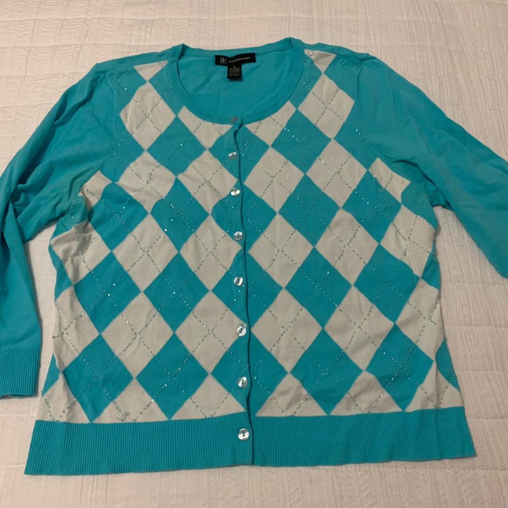 INC International Concepts Turquoise & White Summer Sweater Turquoise Beading.